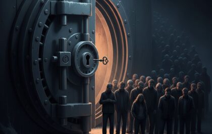 Stylized vault and queue — exchange custody risk (no logos)