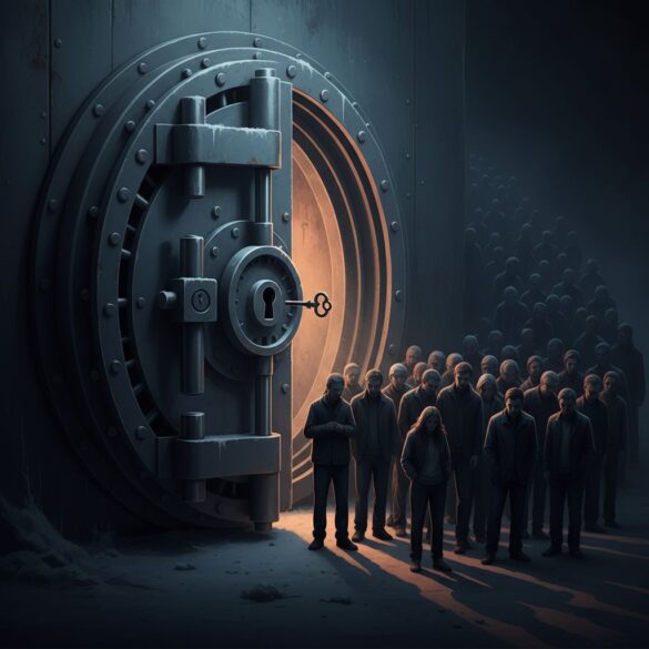 Stylized vault and queue — exchange custody risk (no logos)