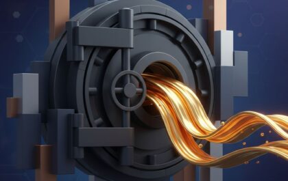 Abstract ETF vault and Bitcoin orange glow (no logos or readable text)