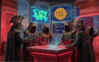 Bitcoin Red Team security audit - hooded figures in a Greek temple hall with Bitcoin holograms