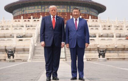 Donald Trump and Xi Jinping stand together at the Temple of Heaven in Beijing