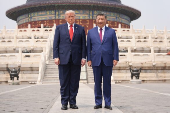 Donald Trump and Xi Jinping stand together at the Temple of Heaven in Beijing