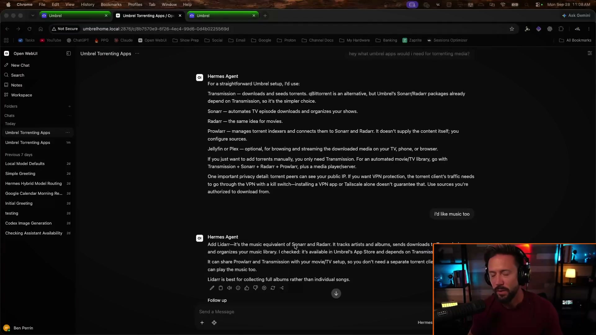 AI chat in Open WebUI recommending Umbrel torrent apps Transmission Sonarr Radarr Prowlarr Lidarr
